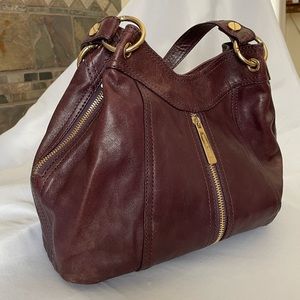 Michael Kors Hobo Shoulder Bag Side Expandable Zippers Distressed Leather